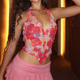 Flower Embroidery V Neck  Mesh Crop Top